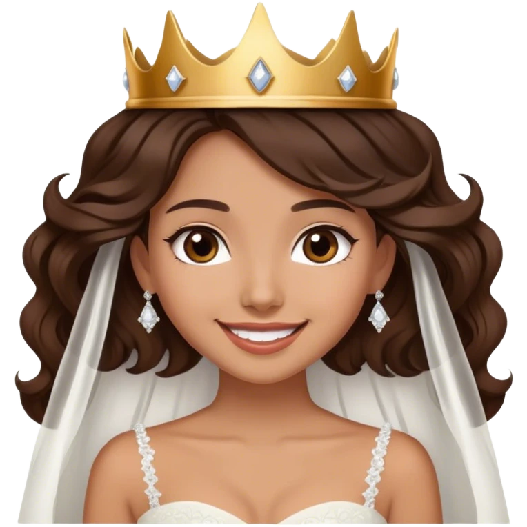 Tan, Dark Brown haired girl, long Hollywood wave hair, in white wedding dress wearing crown and smiling emoji