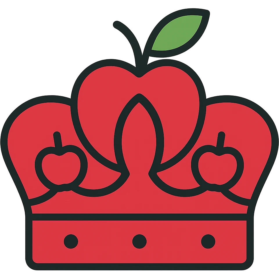 Change the color scheme to feature more red, making the crown and apple motifs predominantly red, while keeping the style iconic and clean, with no background. emoji
