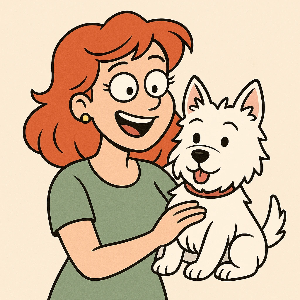 red headed woman with a Westie dog, cartoon style, cheerful atmosphere emoji