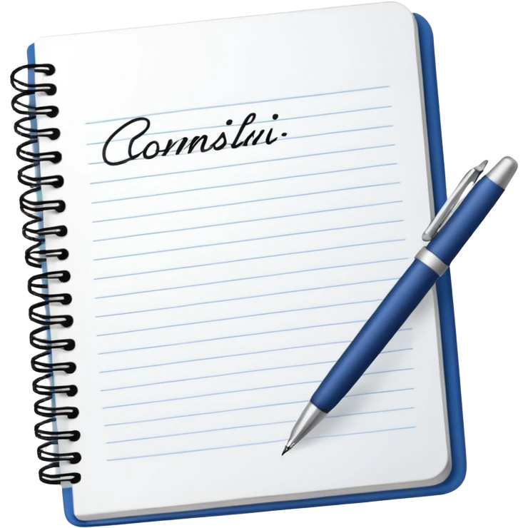 notebook with lined paper with cursive writing and a pen ontop emoji