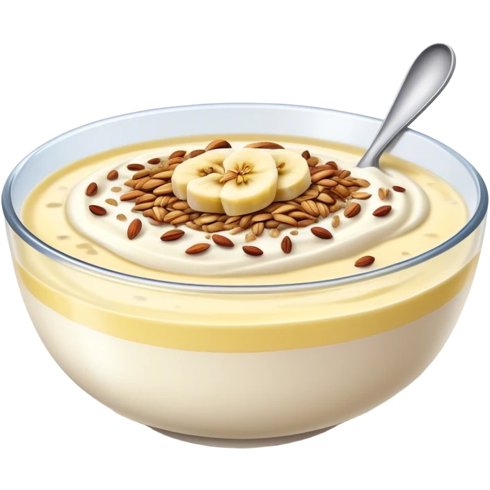 Banana yogurt with flax seeds on top in a bowl emoji