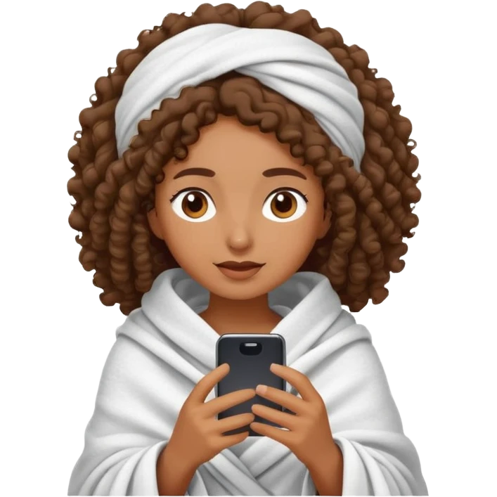 Perempuan berkulit coklat, berambut ikal, memakai selimut menutupi kepala sambil bermain hp emoji