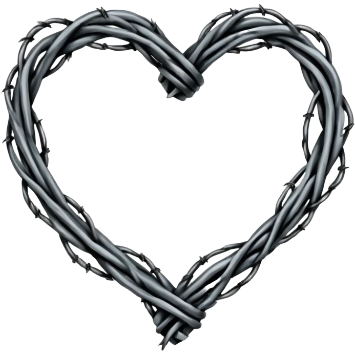 Minimal black line art heart made from barbed wire, hand-drawn sketch look, uneven ink strokes, 6–7 barbs with twisted knots, simple clean outline, centered on plain white background, high contrast emoji