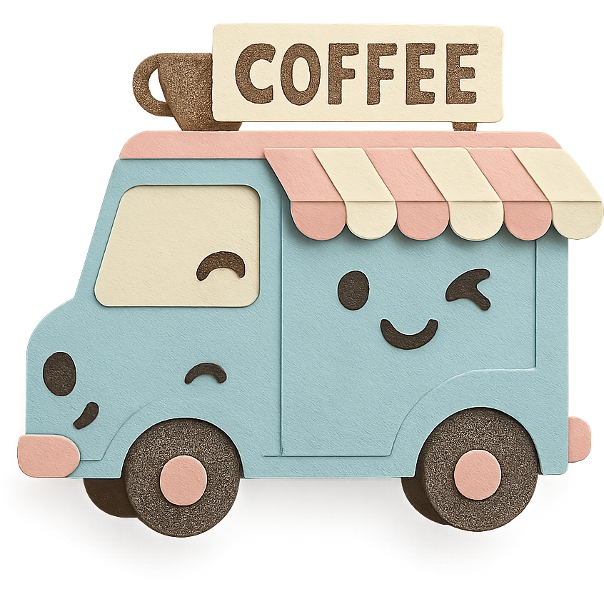 adorable mobile coffee truck, full body, pastel colors, winking emoji