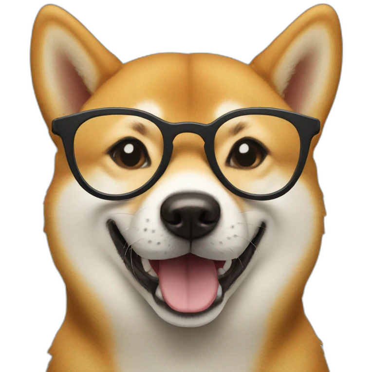 A shiba dog wearing black glasses and smiling emoji