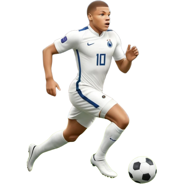An icon showing Kylian Mbappé running with the ball on a football field during a match. The design captures his speed and focus, with dynamic motion lines and a vibrant background of the field and stadium lights. Transparent background emphasizes the action. emoji