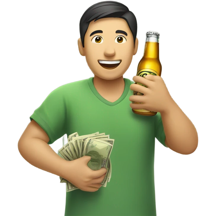 Asian man happily taking money and giving beer emoji