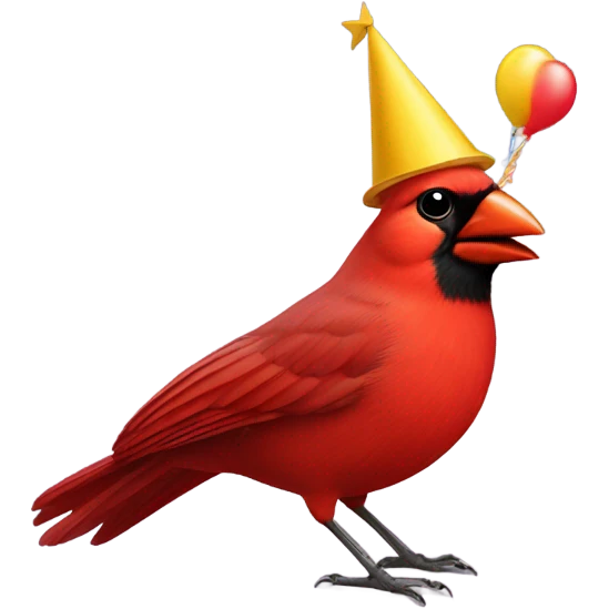 Happy red cardinal with birthday hat emoji