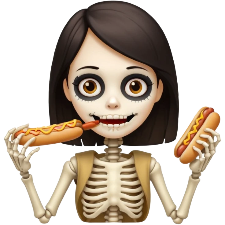girl skeleton with hair eating a hot dog emoji