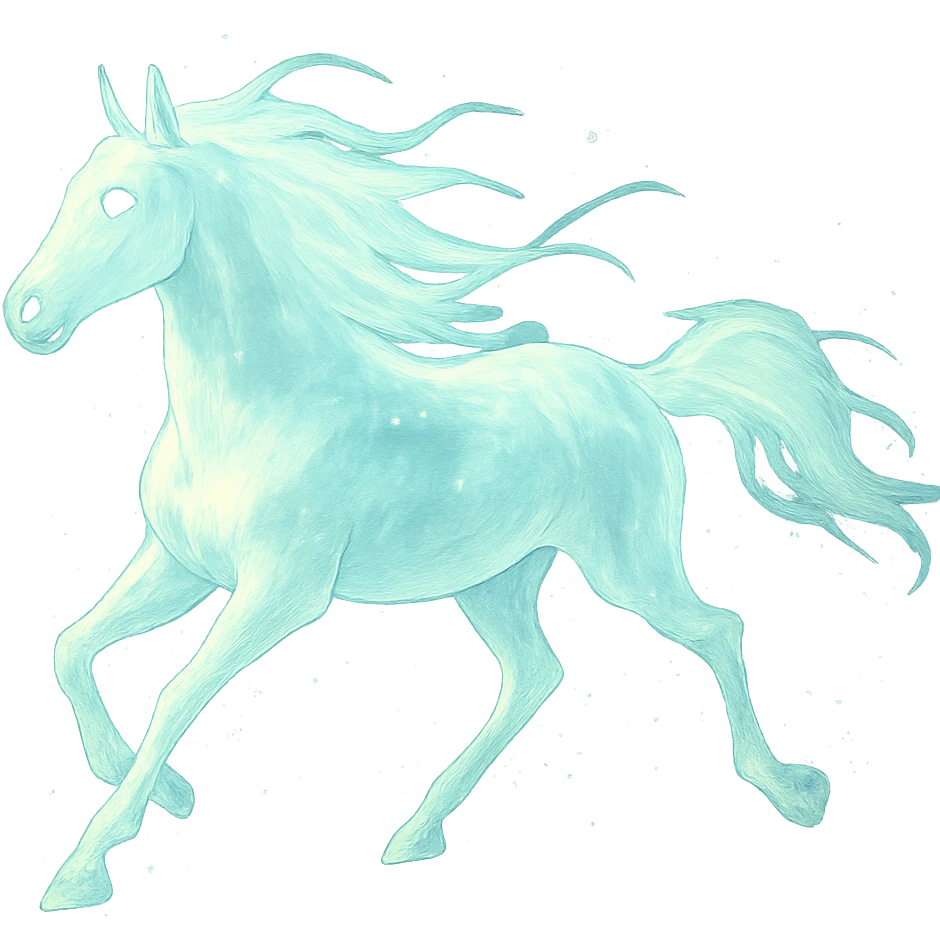 silver spirit horse running, glowing ethereal, mystical, magical, in ghibli style emoji