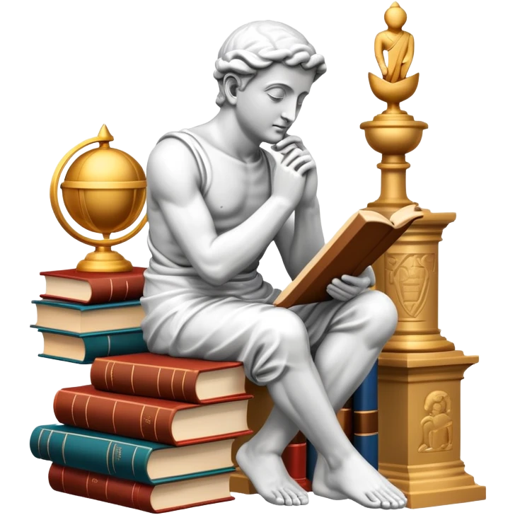 An icon featuring a thinker statue, a scroll, symbolizing philosophy. The design includes books and abstract symbols representing deep thought and wisdom. Transparent background highlights the study of ideas, logic, and existential questions emoji