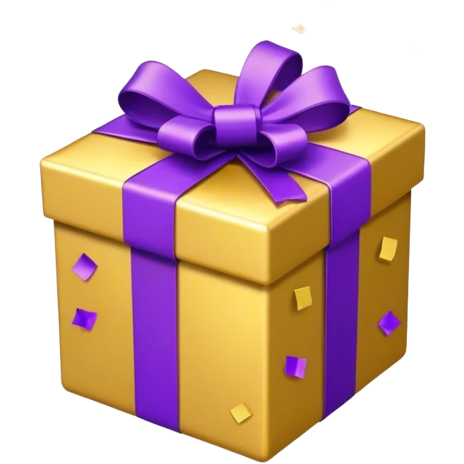 A purple and gold present opens with confetti  emoji