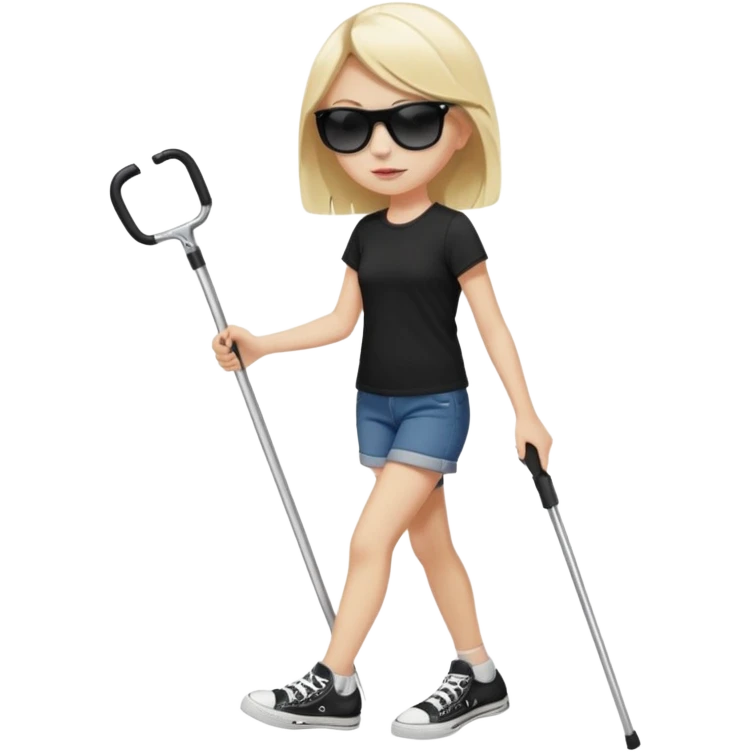 A blonde girl wearing black sunglasses, walking with black and white converse shoes on holding a white cane for for the Blind in one hand and a knife with a red handle and a black blade in the other ￼ emoji