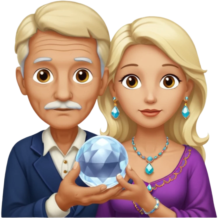 Elderly male cleanshaven gypsy with earrings and blonde female gypsy holding a crystal ball emoji
