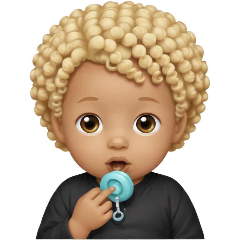 Black newborn baby, short tuft of curly blonde hair, pacifier in mouth emoji