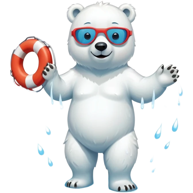 full body friendly anthropomorphised polar bear smiling, wearing colorful swim shorts and swim goggles, standing in a small puddle, holding a red and white life buoy emoji