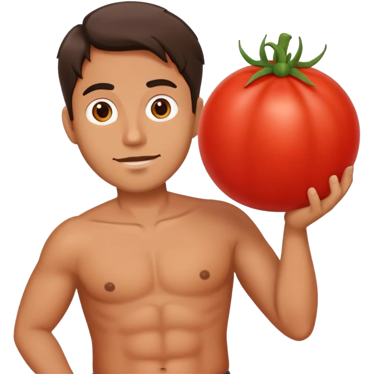 man with a large red tomato instead of a belly emoji