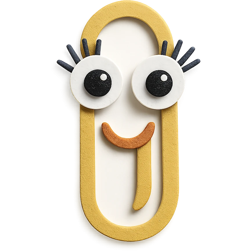 a smiling paperclip with googly eyes and prominent eyelashes, fun and friendly emoji