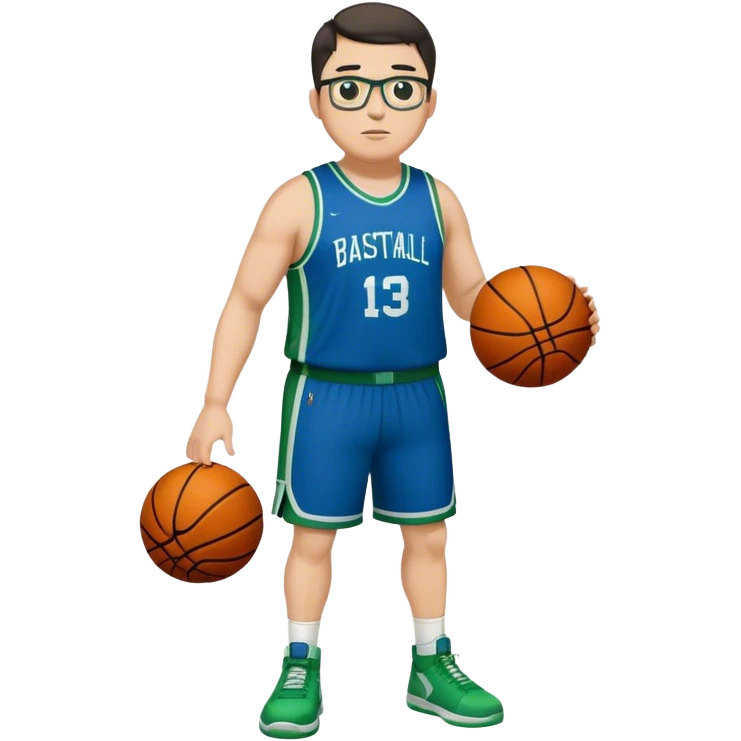 Full Body plus size tall white male with dark short hair basketball player wearing glasses wearing blue  with green uniform emoji