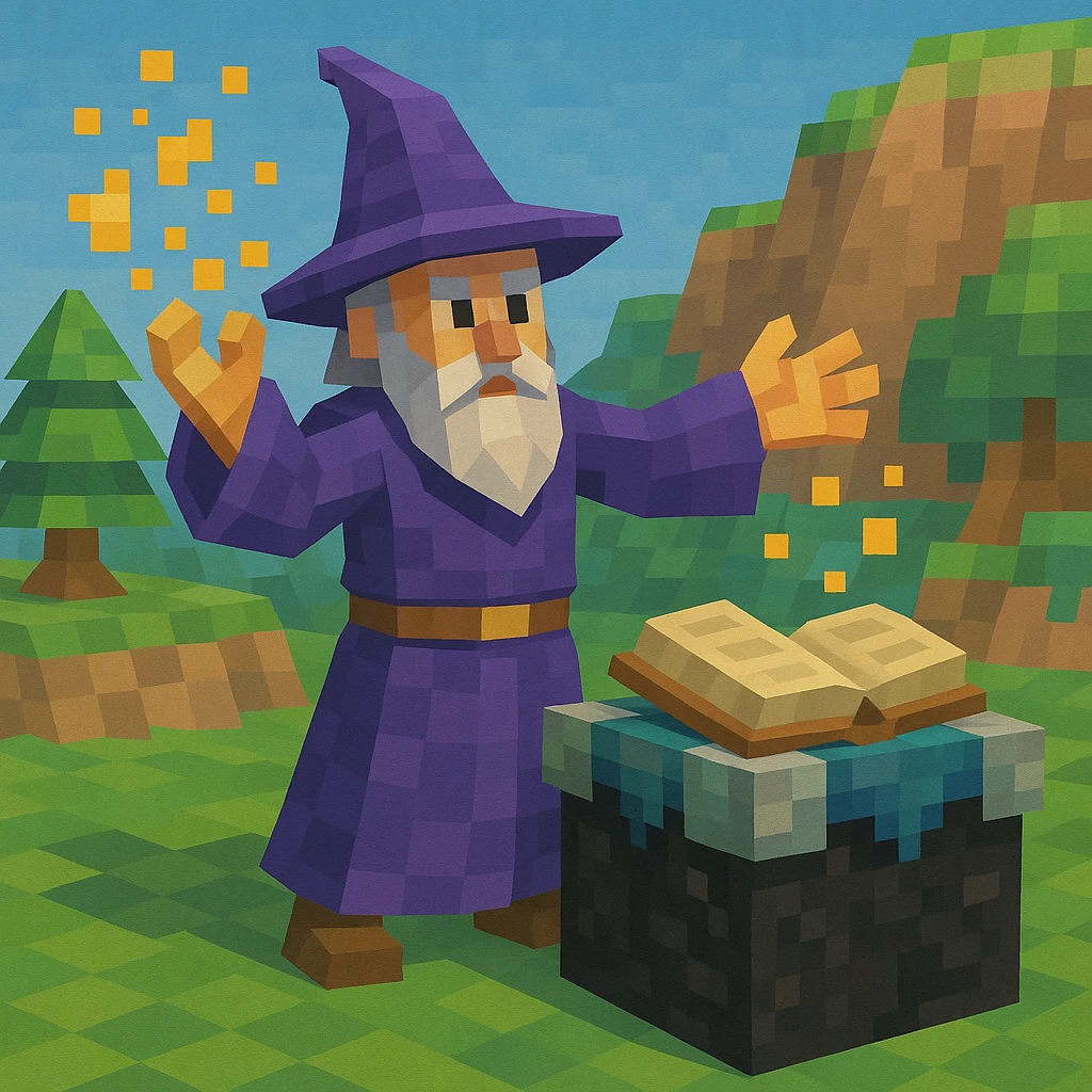 Mage casting particles near an enchantment table.
 emoji
