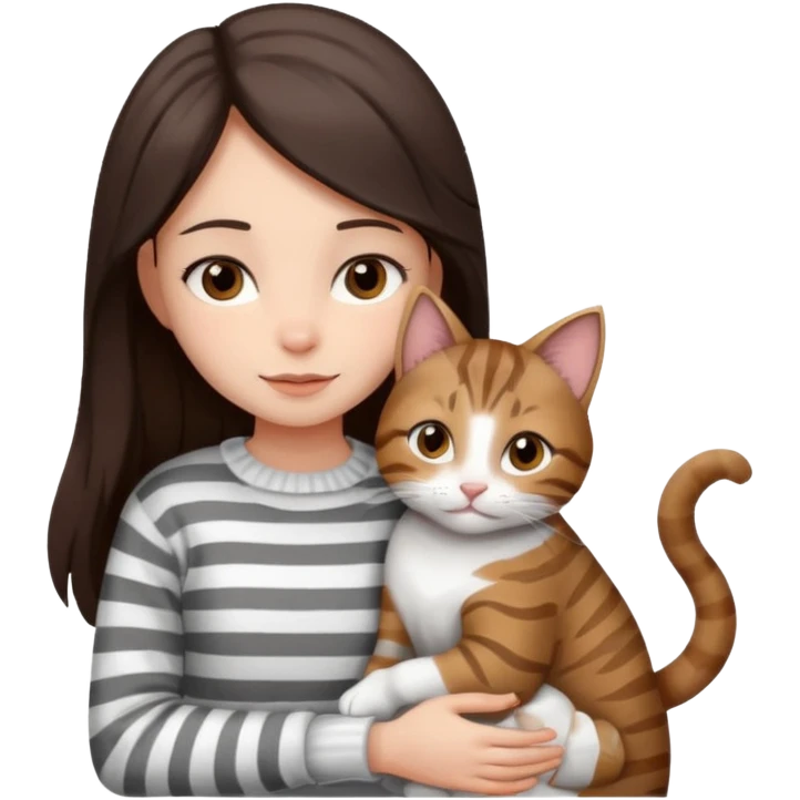 a girl with long dark brown hair, in a
white sweater and brown eyes, hugs a tabby
grey and white strips one cat. emoji