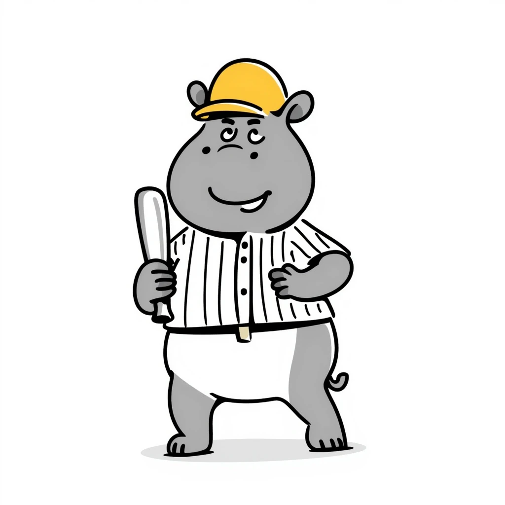 hippo holding a baseball bat, wearing a yellow helmet, pinstripes outfit emoji