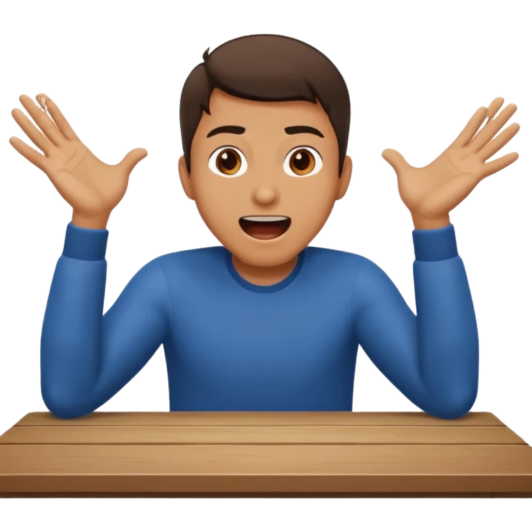 man sitting at a table, shouting, hands on the table, leaning forward, working, energetic emoji