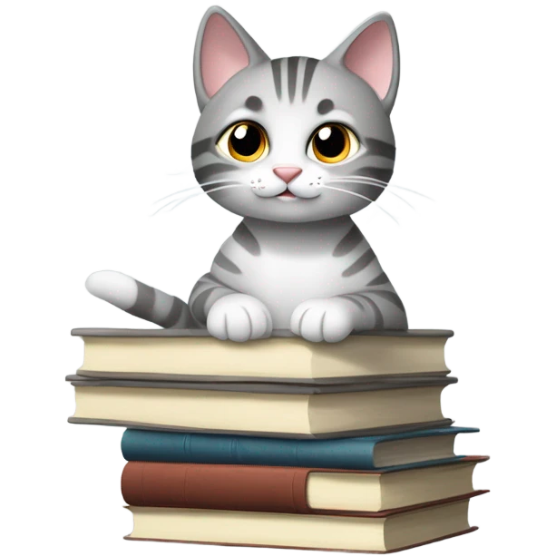 A minimalistic emoji-tstyle illustration of a grey tabby cat with white paws and chest, sitting on a stack of books and papers. The cat looks to the side with perked ears, and its tail extends slightly off the surface. The background is simple and neutral, with a hint of a window or curtain for context. emoji