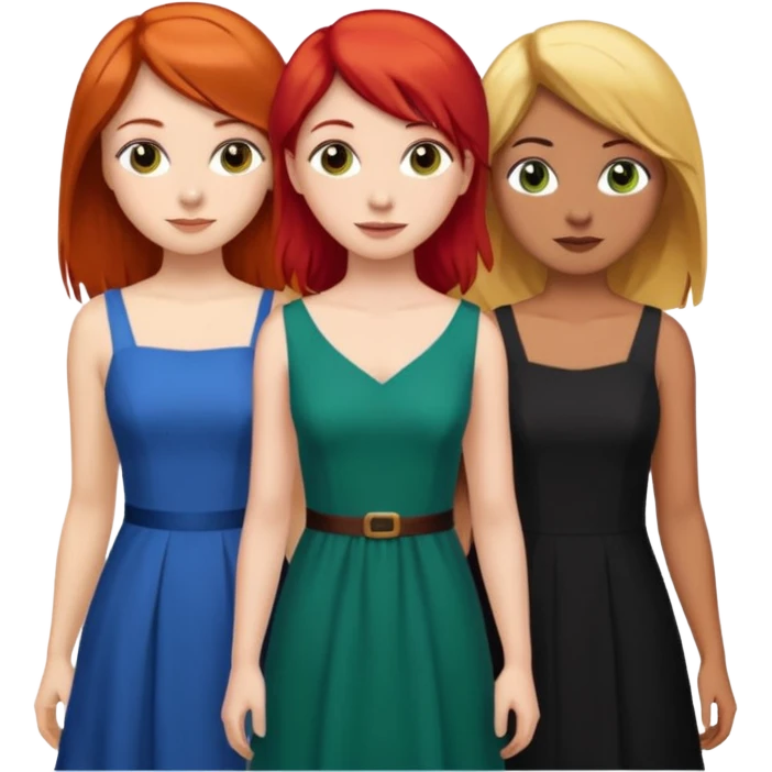 Can you create an image of 3 friends together one with red bright hair light skin one the other with brown hair with some blonde highlights in the hair fair skin the last one with light brown a tint of orange hair and black long hair with brown with dresses emoji