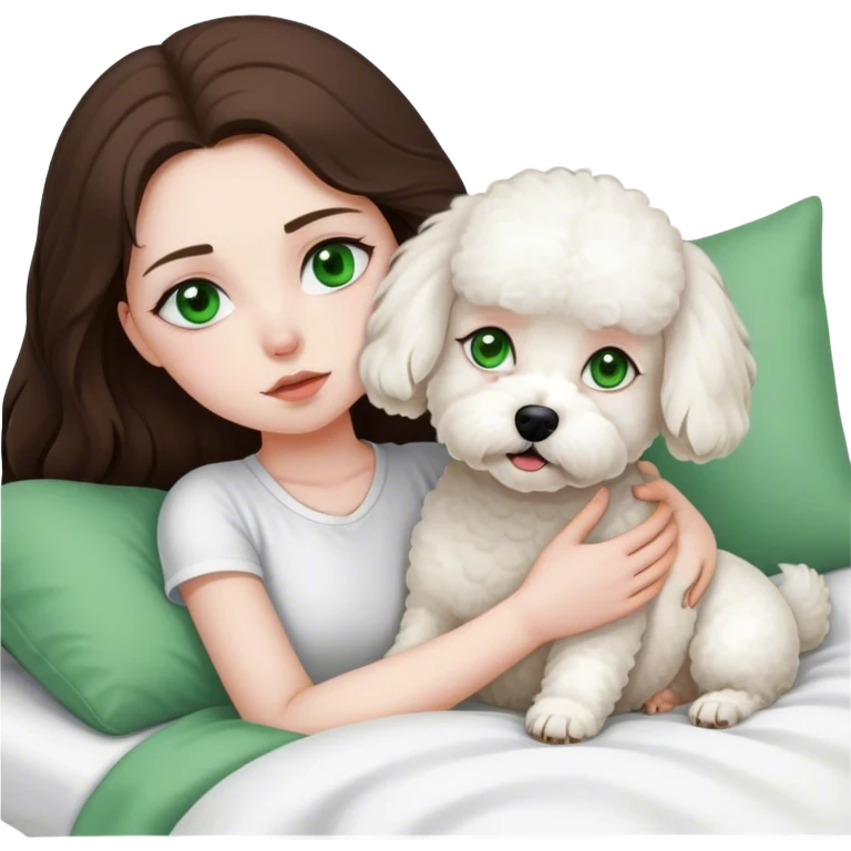 Brunette Long hair girl with green eyes sick in bed by herself with single white bichon frise dog emoji