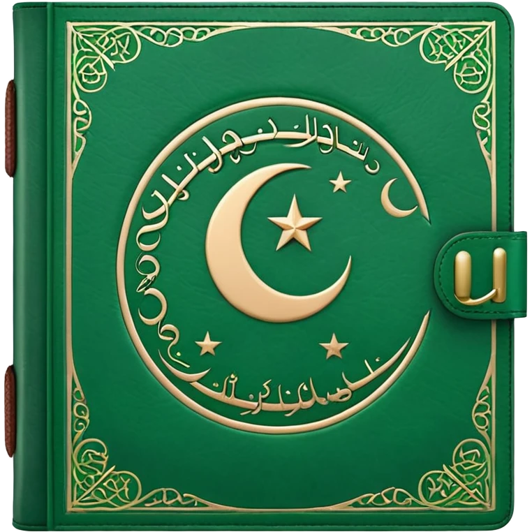 Closed Quran with the Islamic Symbol on it (moon and star) green from left to right emoji