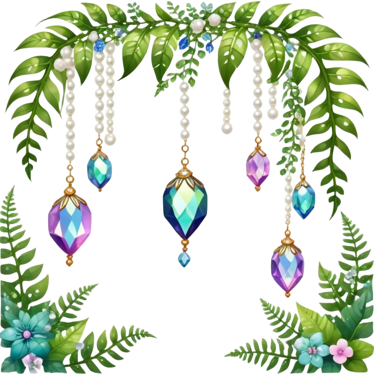 Exotic romantic Few cute tiny Iridescent glistening glossy sparkly shiny glittery hanging crystals pearls and beads and gemstones scenery scenic decorations with vines and ferns and flowers emoji