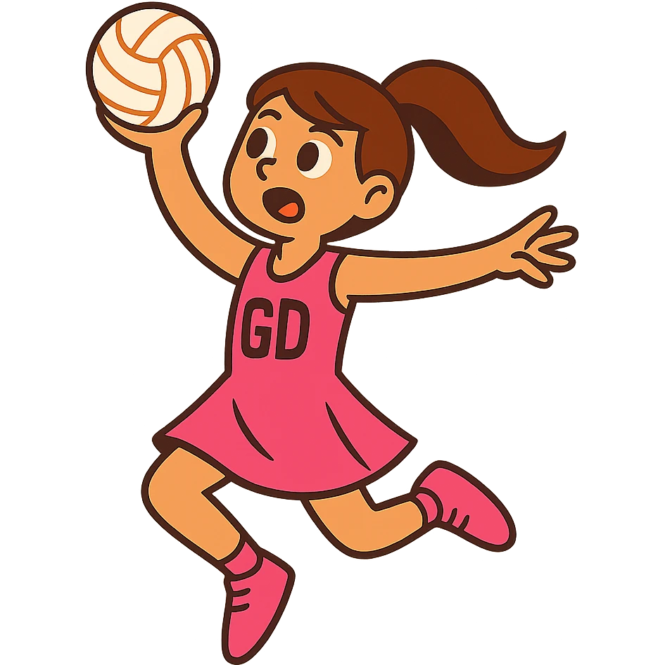 girl with brown hair in a pink netball dress, mid-air, shooting a netball, action pose, no background emoji