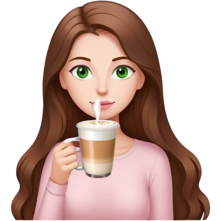 pretty woman with very long brown hair and green eyes and light pink outfit drinking a latte emoji