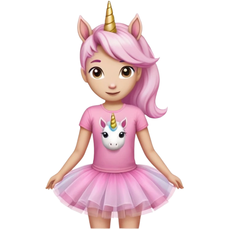 head and shoulders portrait of an anthropomorphised female unicorn in tutu and pink t-shirt, standard pose emoji
