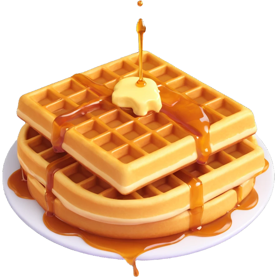 Keep the 3D emoji style golden waffle with grid pattern, melting butter, and evenly drizzled maple syrup. Apply soft lighting and minimal shadows. Make the background fully transparent. emoji