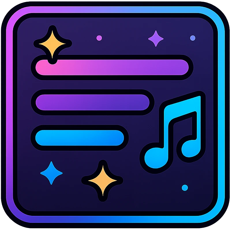 animated playlists icon with dark purple, blue, and black base, bright accents, complex gradients, stars, bright neon border, modern recognizable abstract playlists symbol, subtle glowing and moving stars neon effects, sophisticated futuristic style emoji