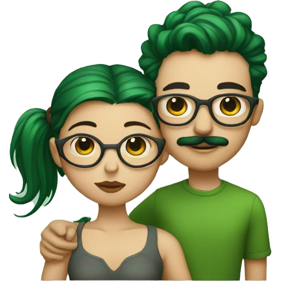 A heavy set boy with brown hair and a mustache is kissing a green haired girl who is thin and wearing glasses both have tattoos emoji