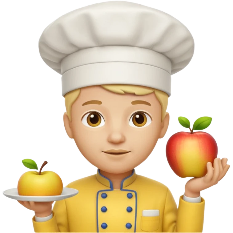 3D cartoon-style chef in the Apple emoji style, wearing a bright yellow chef uniform with hat emoji
