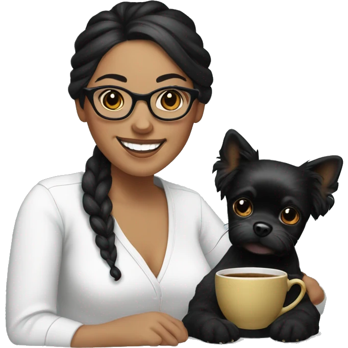 woman-black hair-bun-with glasses-with black teacup dog-white-smile emoji