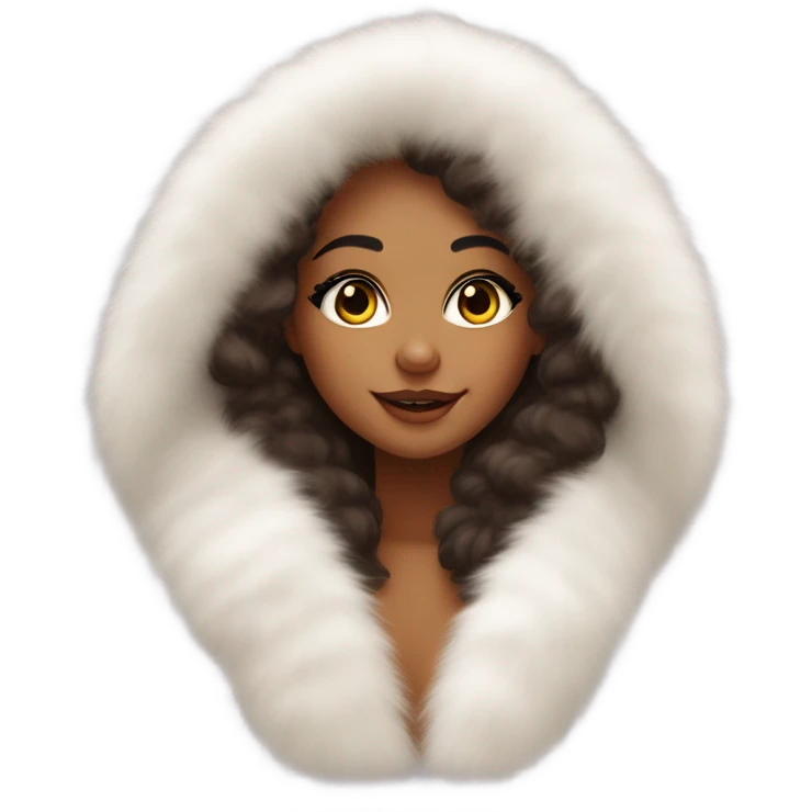 Tanned Girl with lashes ,  in an extremely big fluffy oversized white fur coat with hood on. The fur is real and it’s very obvious big and fluffy like in Pinterest  emoji