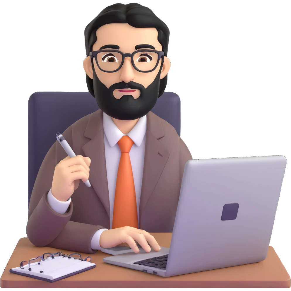 middle eastern businessman with medium length black beard, black hair, thick unibrow, elongated nose, tan skin, brown eyes, glasses, in business casual outfit, working on a notebook computer emoji