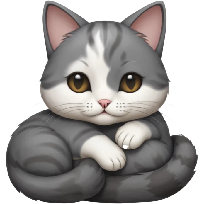 dark grey and white small cat with its eyes closed lying down leaning on its elbow with its paw curled under its head holding it up emoji