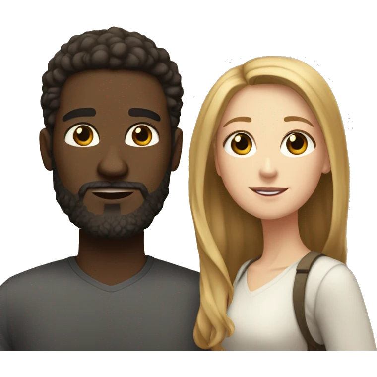 Dark skinned man with beard and a white girl with long light brown hair couple emoji