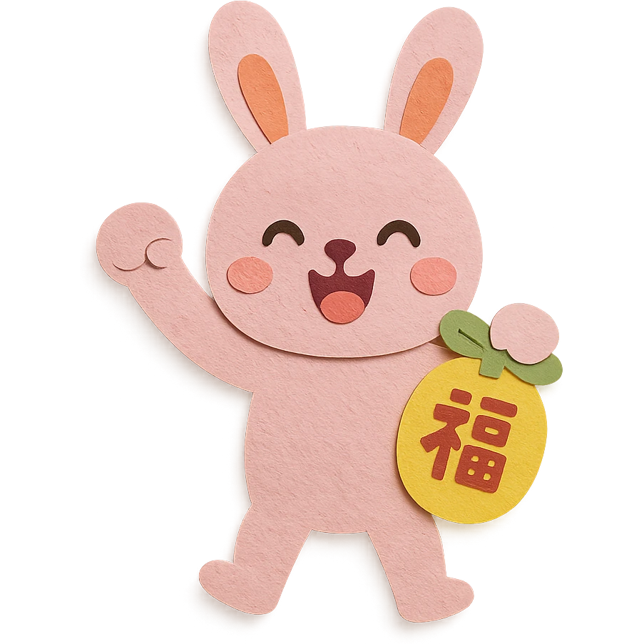 full-body pink bunny holding a lucky charm and pumping fist, paper-craft style emoji