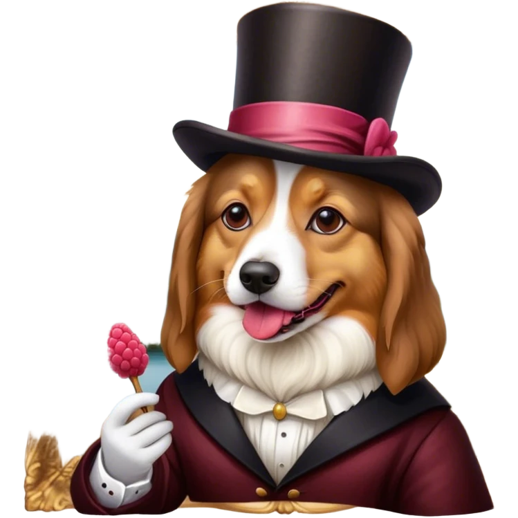 Dog eating 2 pieces of raspberry licorice wearing a top hat while painting the Mona Lisa emoji