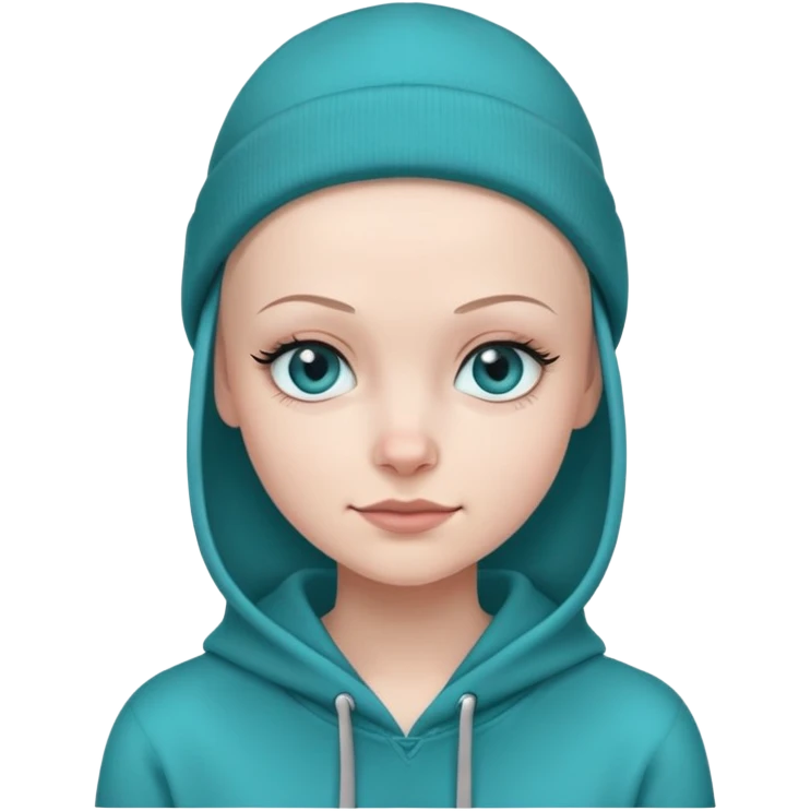 girl with no hair wearing a black beanie  and a teal hoodie. she has blue eyes, long lashes and is smirking emoji