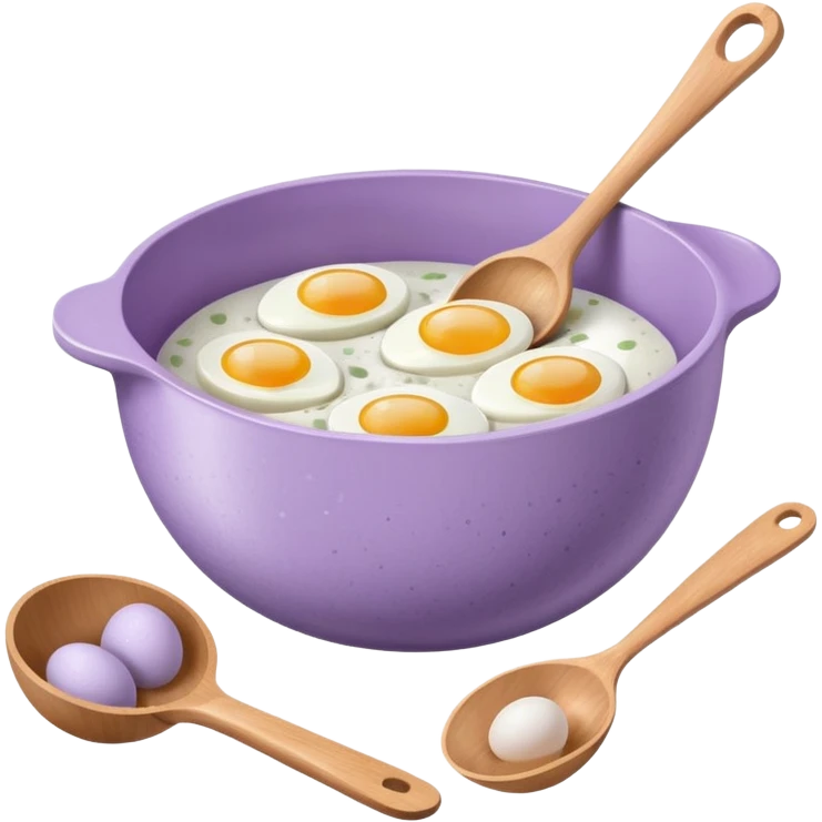 a lilac ceramic mixing bowl with a wooden spoon stirring and sitting next to it is a dozen eggs with the carton lid open emoji