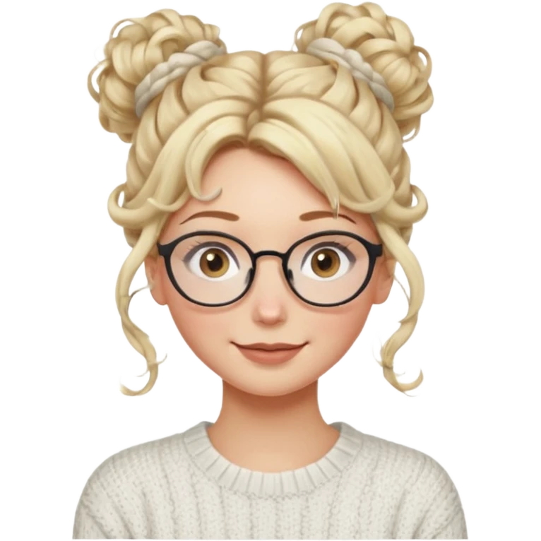 blonde hazel eyes woman with a white cable knit sweater and clear glasses on her head and a curly messy bun with tendrils of hair flowing down her face and she is happy pale, some freckles, blush. she has a cateye wing and long lashes emoji