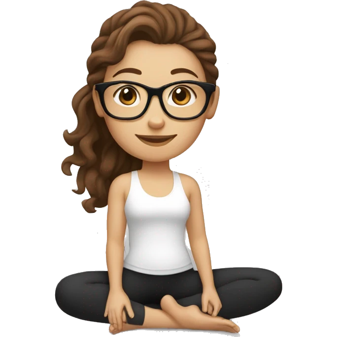 White girl with wavy brown hair, brown eyes and black glasses doing yoga emoji